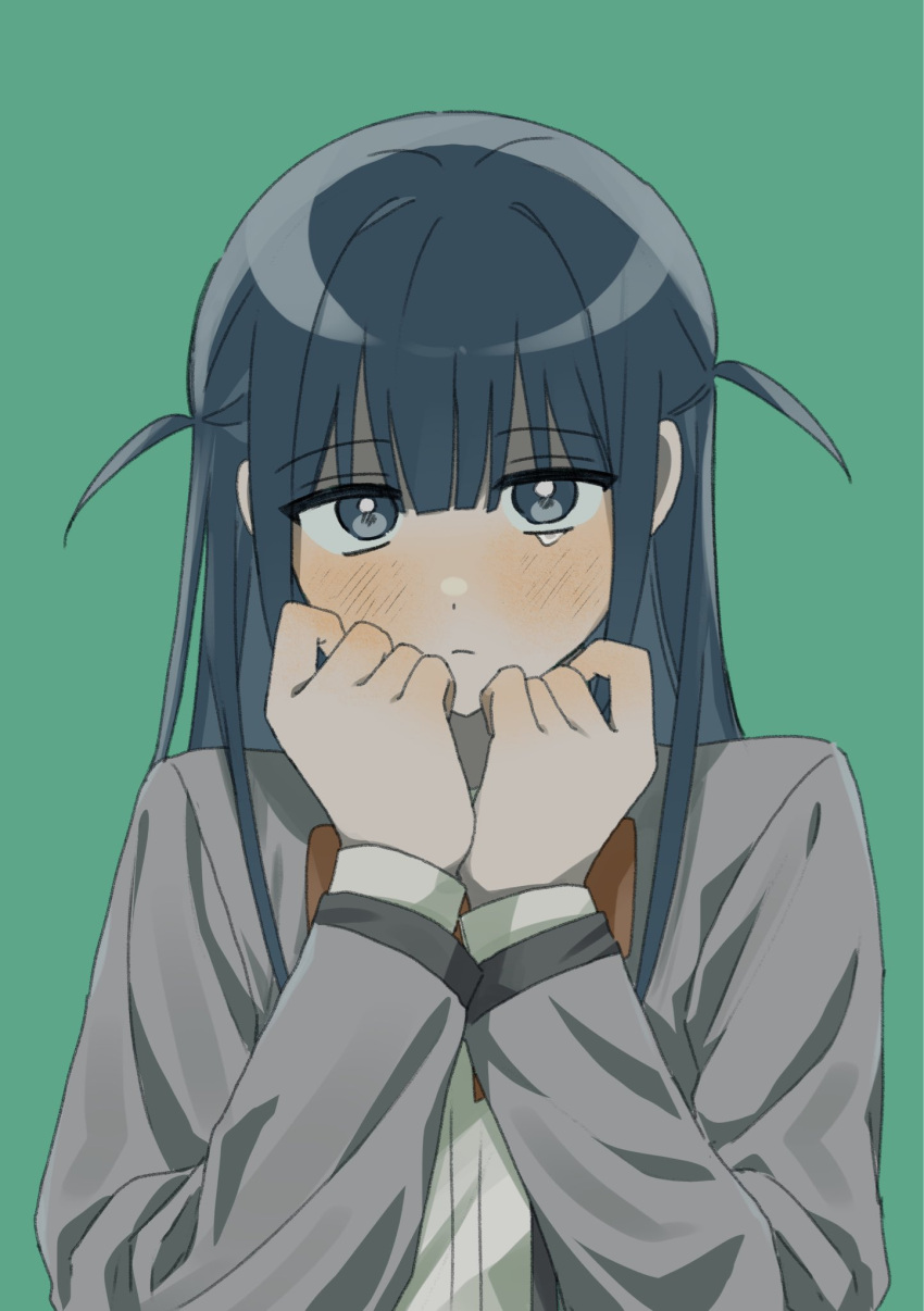 1girl, black_hair, blunt_bangs, blush, bow, bowtie, closed_mouth, commentary_request, curled_fingers, danbalsinsa, green_background, grey_eyes, grey_jacket, hair_between_eyes, hands_on_own_face, hands_up, highres, jacket, korean_commentary, light_frown, long_hair, looking_at_viewer, open_clothes, open_jacket, red_bow, red_bowtie, school_uniform, seishou_music_academy_uniform, shirt, shoujo_kageki_revue_starlight, sidelocks, simple_background, solo, straight-on, tearing_up, tsuyuzaki_mahiru, two_side_up, white_shirt