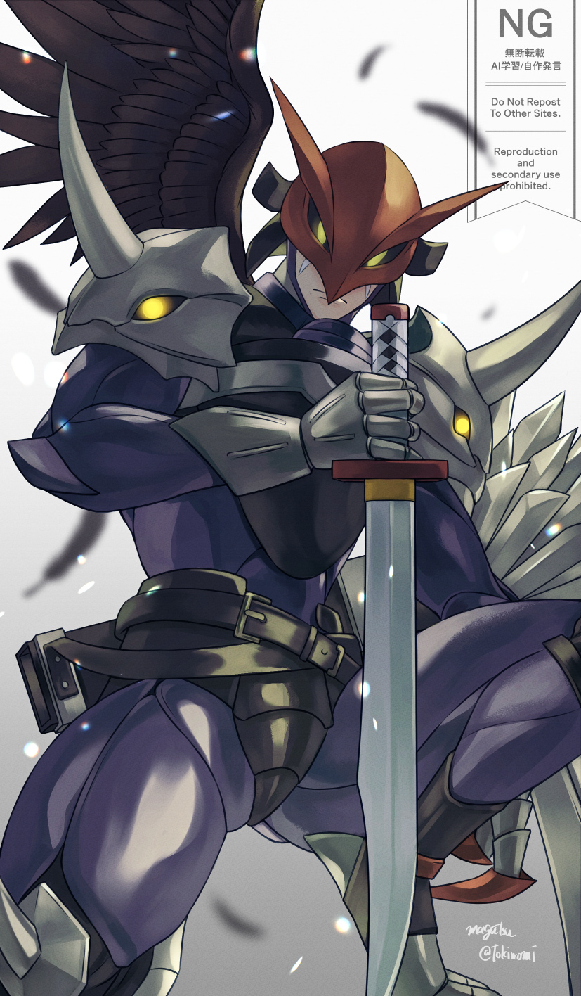 1boy, armor, asymmetrical_wings, belt, black_belt, black_wings, bodysuit, claws
