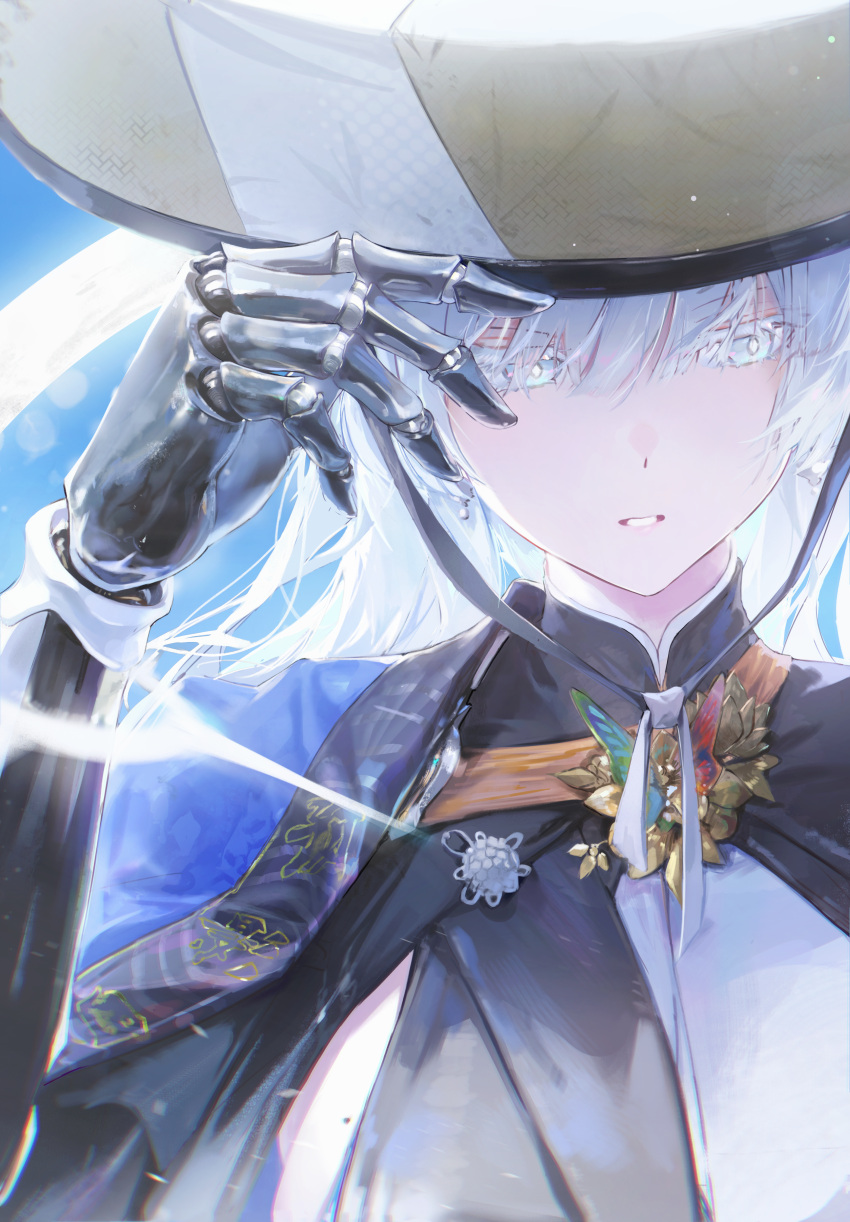 1girl, absurdres, blue_background, blue_capelet, capelet, colored_eyelashes, earrings, english_commentary