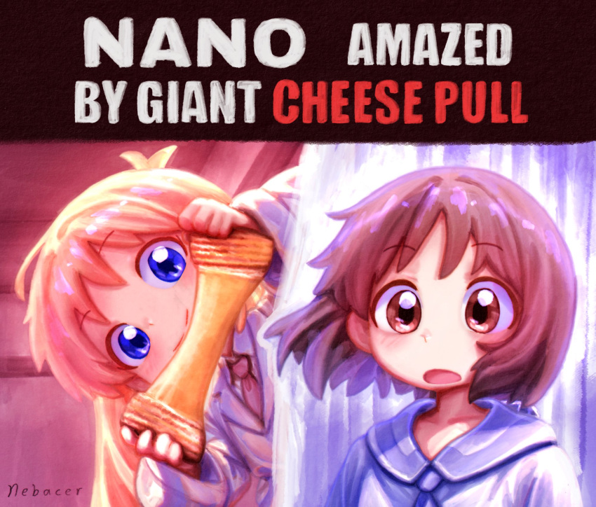 2girls, artist_name, black_hair, blonde_hair, blue_eyes, blue_sailor_collar, brown_eyes, coat