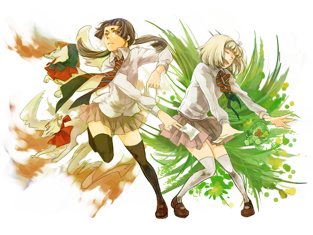 ao_no_exorcist, byakko, byakko_(ao_no_exorcist), eyebrows, kamiki_izumo, miniskirt, moriyama_shiemi, multiple_girls