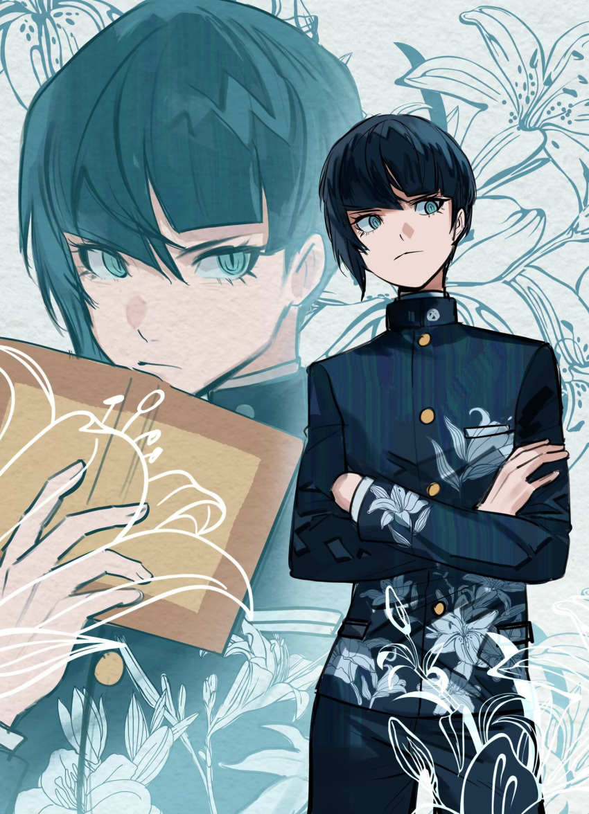 1boy, black_hair, book, buttons, crossed_arms, floral_print_jacket, gakuran, green_eyes