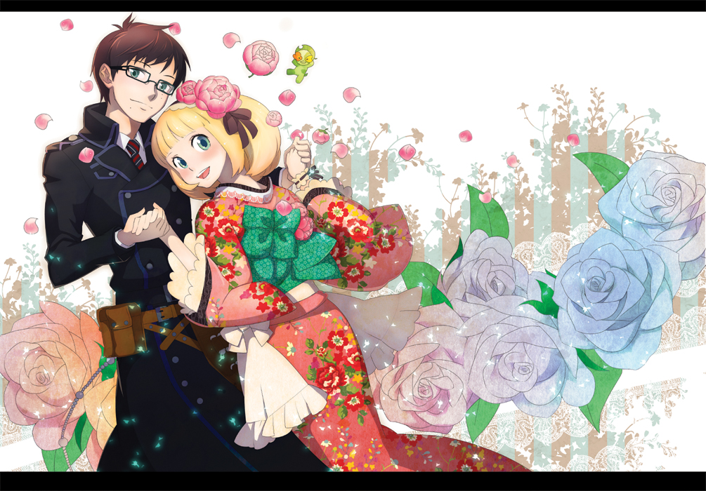 1boy, 1girl, apron, bangs, black_hair, blonde_hair, blue_eyes, blunt_bangs