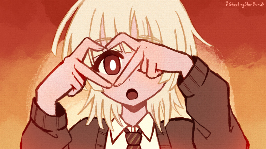 1boy, blonde_hair, brown_cardigan, brown_necktie, cardigan, collared_shirt, dress_shirt, heart_hands
