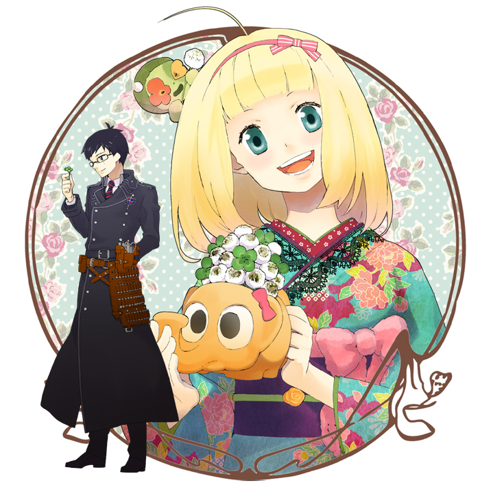 bangs, blonde_hair, blue_eyes, blunt_bangs, clover, coat, couple, floral_print