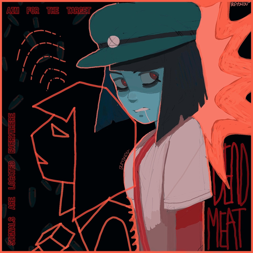 2girls, bags_under_eyes, black_hair, bleydhdu, blue_skin, blunt_bangs, blunt_ends, bob_cut