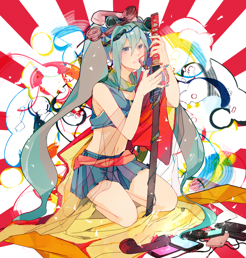 aqua_hair, bad_id, blue_eyes, hatsune_miku, katana, long_hair, midriff, navel