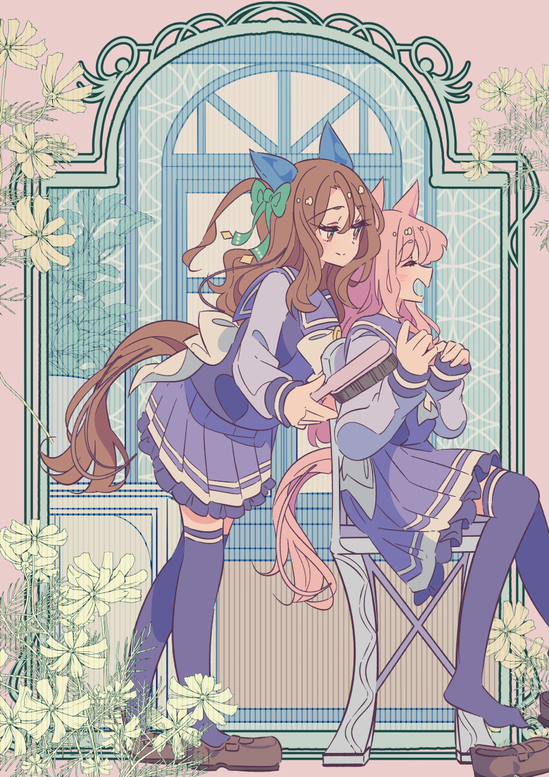 2girls, animal_ears, blue_skirt, blue_thighhighs, brown_hair, chair, closed_mouth, commentary_request