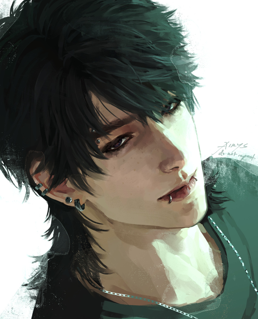 1boy, absurdres, airys_ooo, alternate_hair_length, alternate_hairstyle, black_hair, black_shirt, brown_eyes, caleb_(love_and_deepspace), commentary, crew_neck, ear_piercing, earrings, english_commentary, eyebrow_piercing, face_piercing, highres, jewelry, lip_piercing, love_and_deepspace, male_focus, medium_hair, mullet, multiple_earrings, necklace, parted_bangs, parted_hair, piercing, shirt, solo, white_background