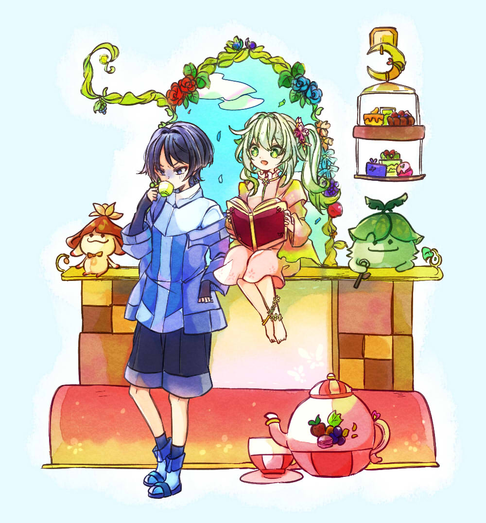 1boy, 1girl, against_table, alternate_costume, ankle_flower, anklet, apple, arabalika_(genshin_impact)