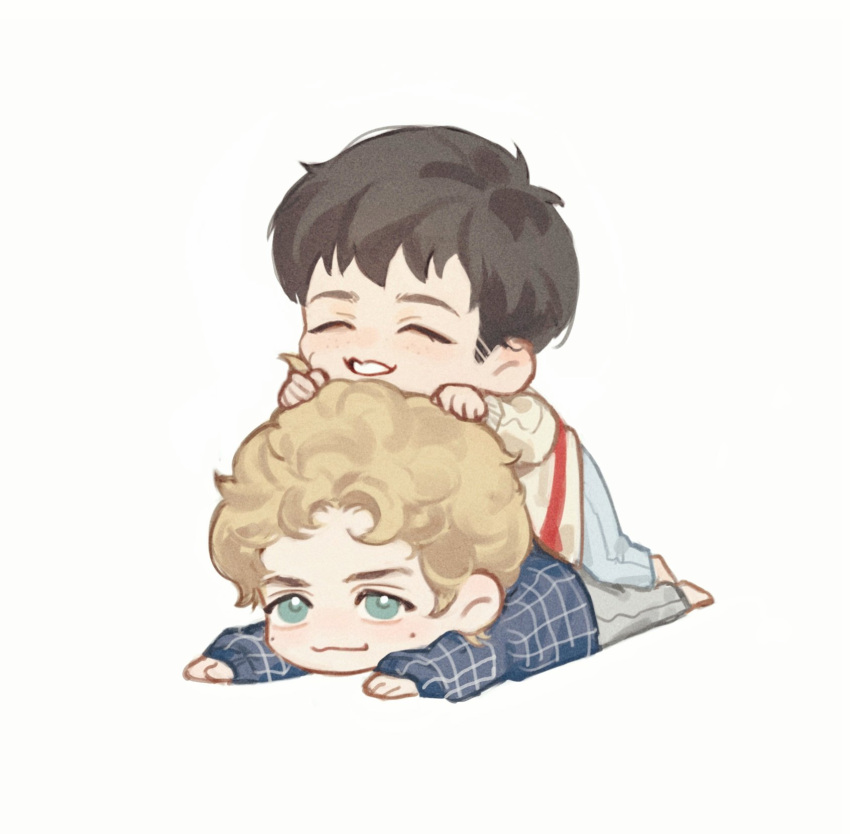 2boys, barefoot, blonde_hair, blue_eyes, blue_shirt, brown_hair, chibi, chibi_only