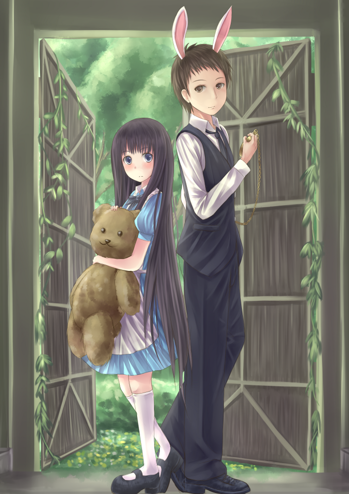 alternate_costume, animal_ears, bad_id, black_hair, blue_eyes, bunny_ears, dress, fujishima_narumi