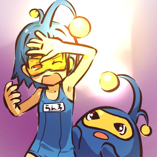 1girl, blue_hair, cosplay, goggles, hair, hitec, human, lanturn, light, male, moemon, open_mouth, personification, pokemon, pokemon_(creature), pokemon_(game), pokemon_gsc, red_eyes, school_swimsuit, short_hair, squint, squinting, swimsuit, translated, translation_request, wince, wink