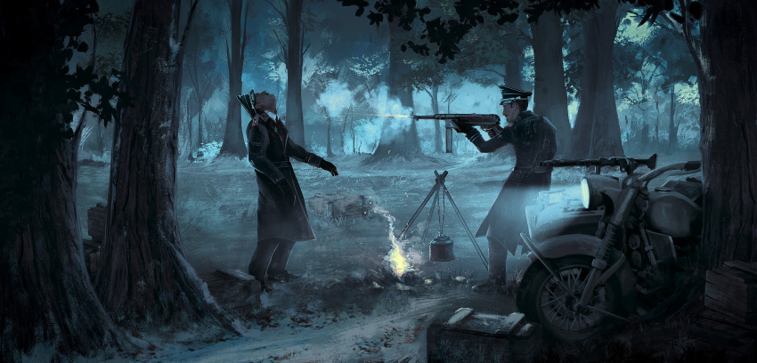 2boys, absurdres, betrayal, campfire, crate, death, firing, gun