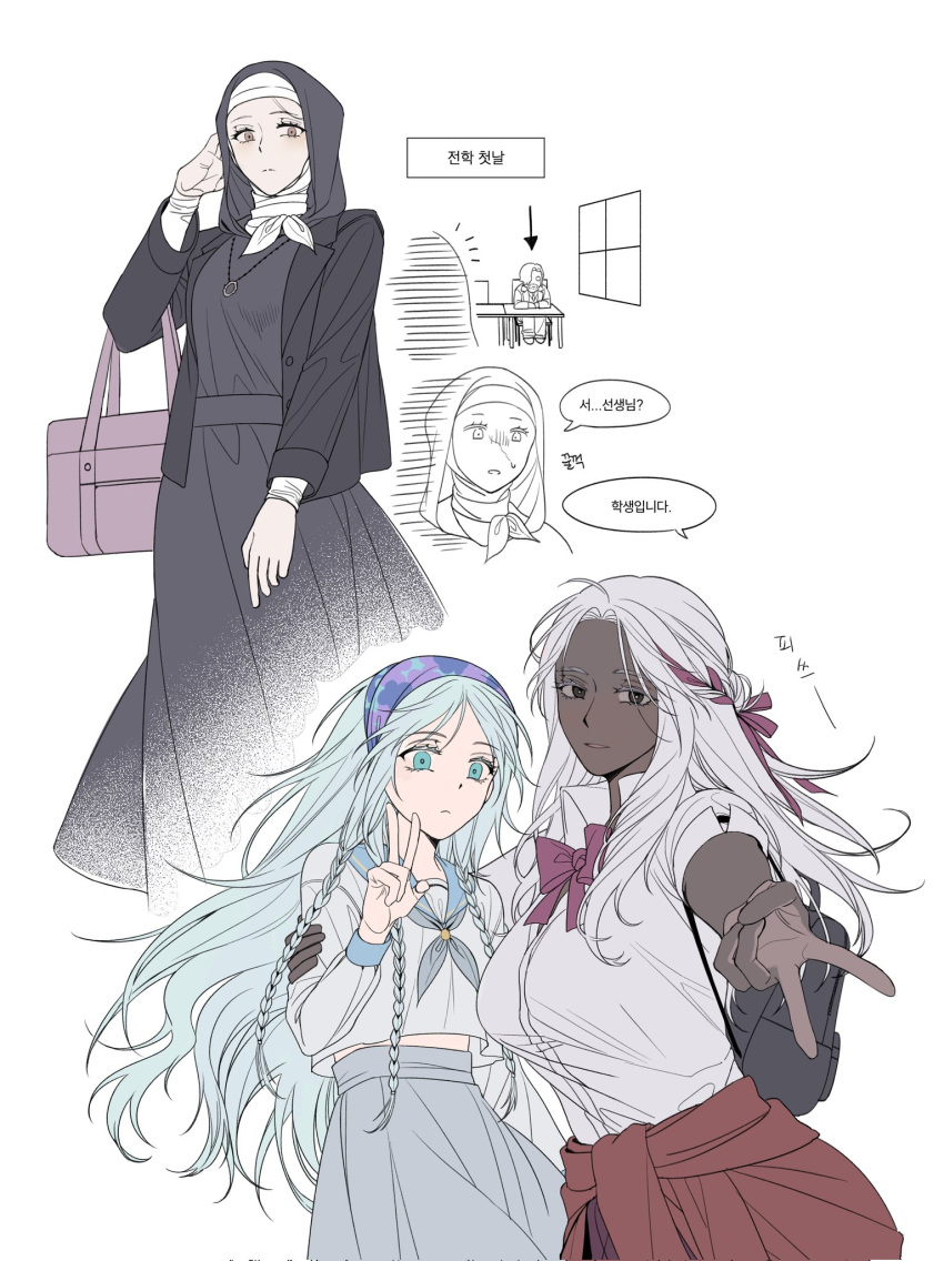 1boy, 3girls, aerialace_jebi, bag, bandana, bandana_around_neck, black_eyes, black_hood, black_jacket, black_serafuku, black_shirt, black_skirt, blue_eyes, blue_hair, blue_shirt, braid, closed_mouth, clothes_around_waist, commentary_request, dark-skinned_female, dark_skin, elden_ring, elden_ring_nightreign, grey_skirt, hair_ribbon, hairband, hand_up, highres, hood, hood_up, jacket, jacket_around_waist, korean_commentary, korean_text, long_hair, long_sleeves, looking_at_viewer, multiple_girls, neck_ribbon, purple_ribbon, recluse_(elden_ring), revenant_(elden_ring), ribbon, scholar_(elden_ring), school_uniform, serafuku, shirt, simple_background, skirt, sleeves_rolled_up, speech_bubble, translation_request, undertaker_(elden_ring), v, white_background, white_bandana, white_hair, yellow_eyes