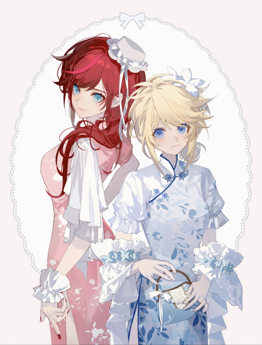 2girls, bag, blonde_hair, blue_bag, blue_dress, blue_eyes, breasts, china_dress