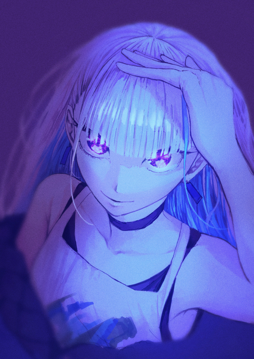 1girl, absurdres, arm_up, armpit_crease, bare_shoulders, black_tank_top, blue_choker, blue_hair