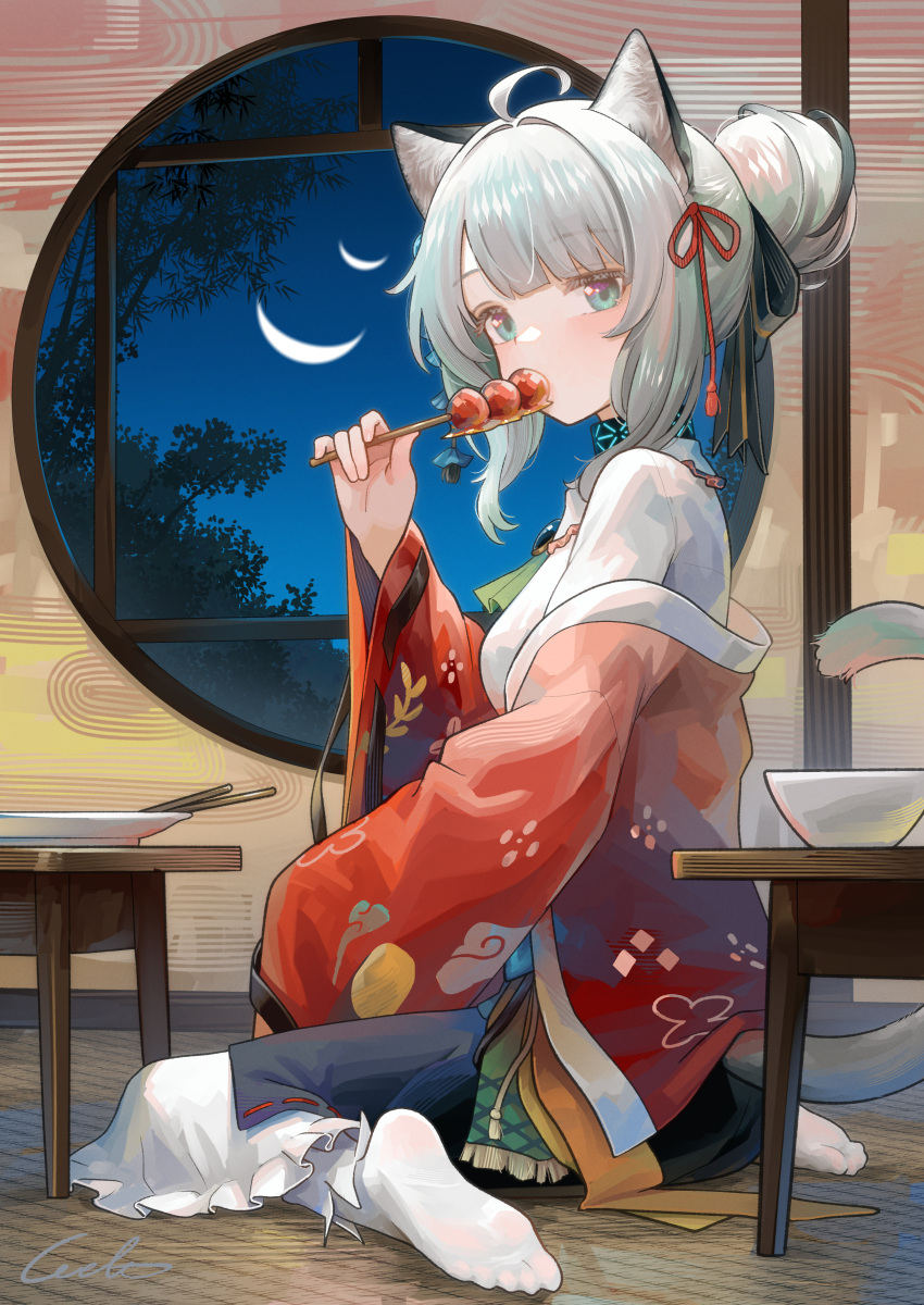 1girl, absurdres, animal_ears, arknights, cat_ears, cat_tail, commentary_request, eating