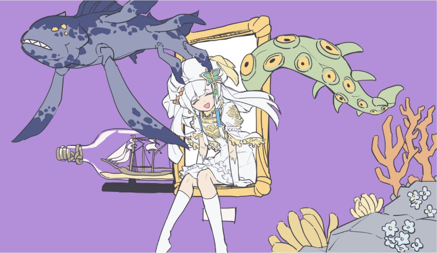 1girl, boat, closed_eyes, coral, dress, fish, gloves, gutrune