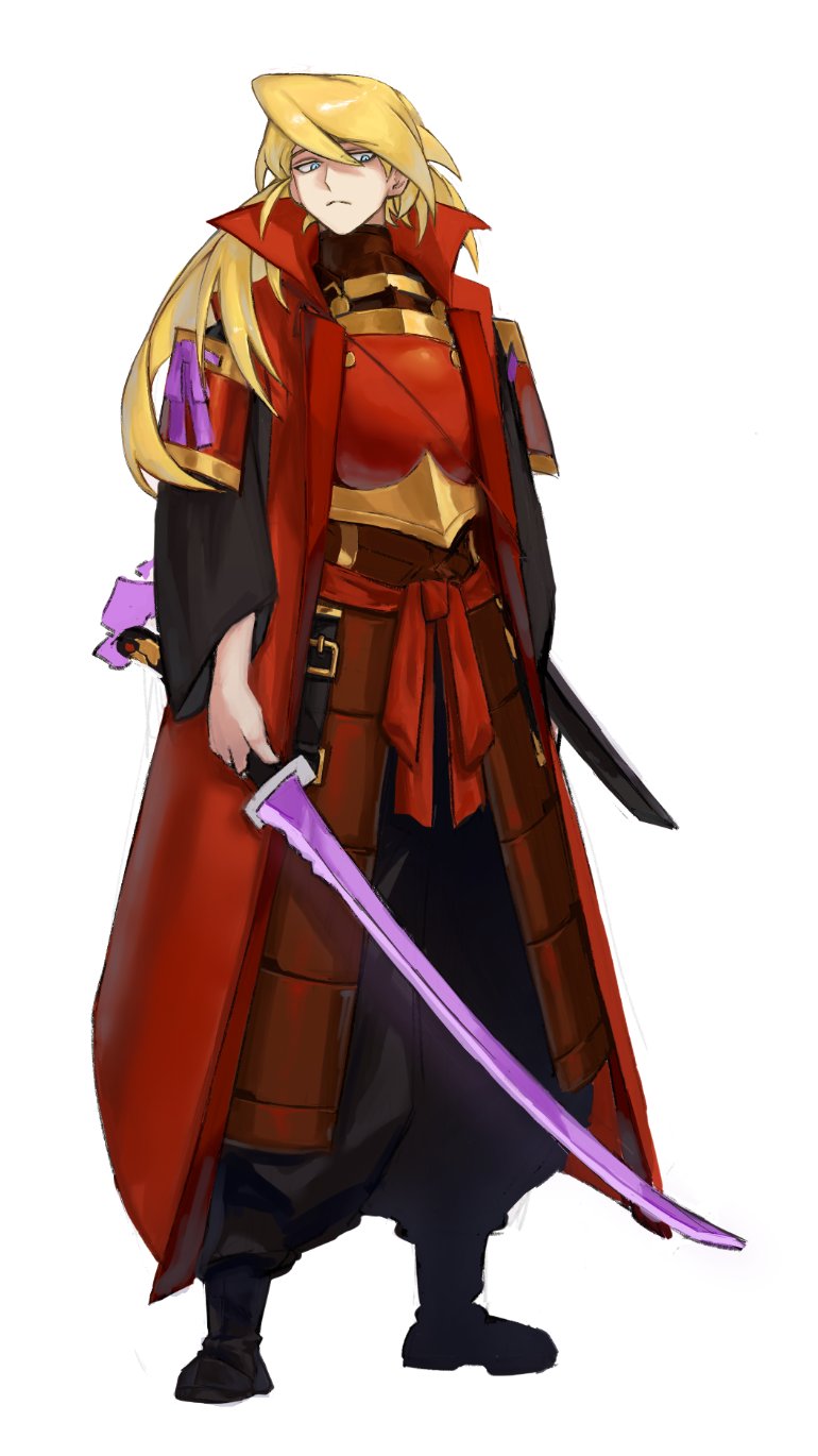 1boy, armor, blonde_hair, blue_eyes, coat, highres, holding, holding_sword