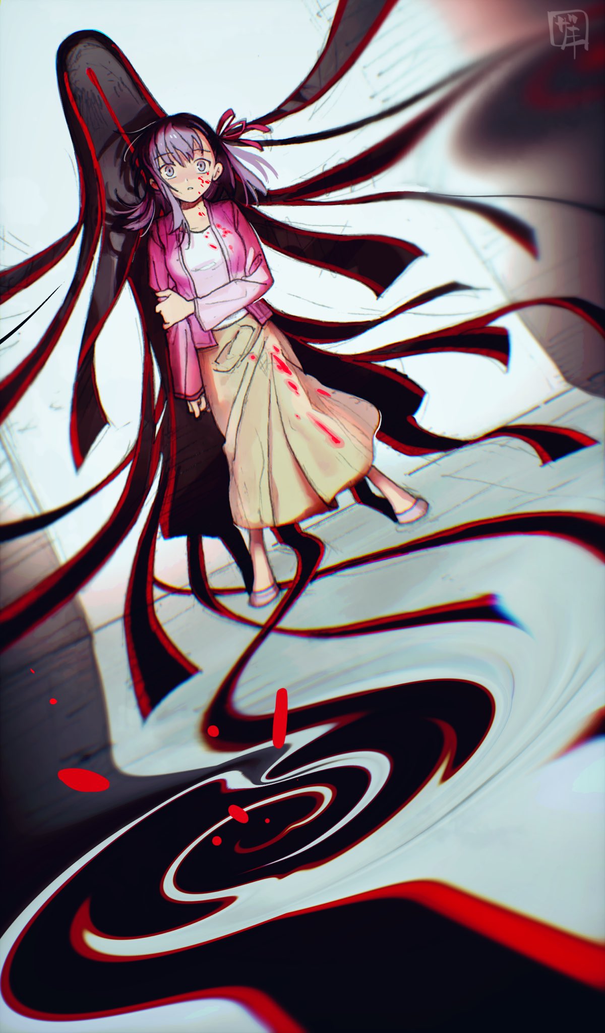 1girl, artist_logo, blood, blood_on_clothes, blood_on_face, breasts, darkness, fate/stay_night