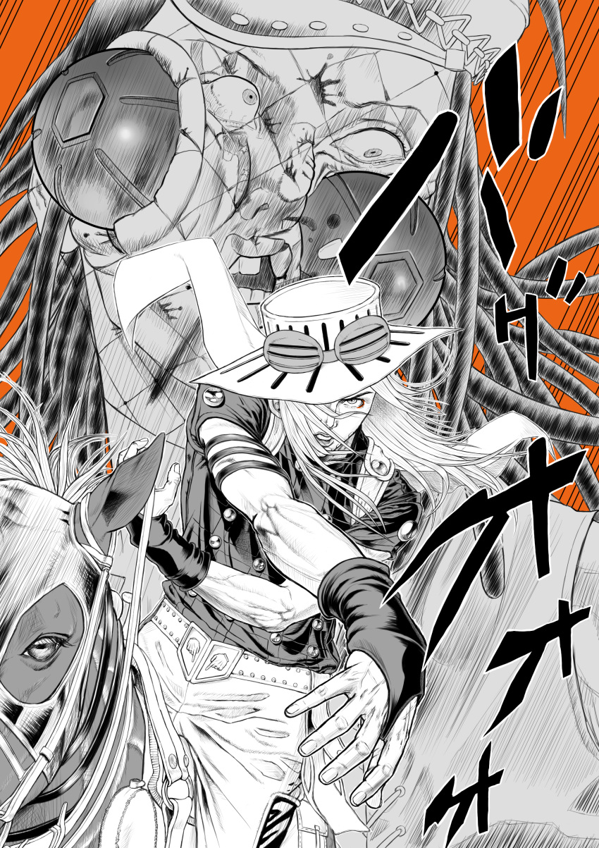 2boys, absurdres, araki_hirohiko_(style), armlet, belt, belt_buckle, bridal_gauntlets, buckle