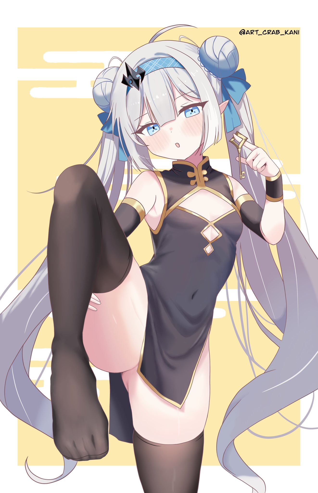 :o, art_crab, black_dress, blue_eyes, blue_headband, blue_ribbon, blush, chinese_clothes