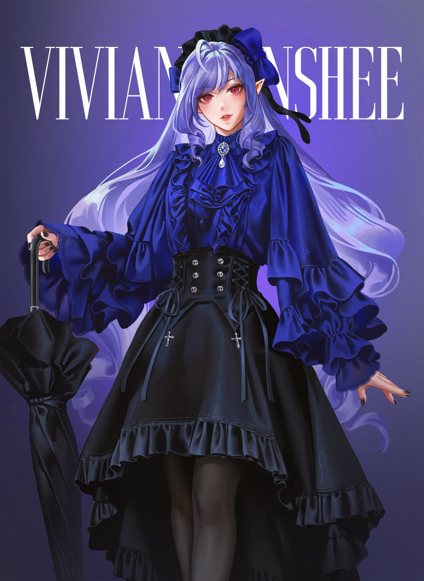1girl, ahoge, ascot, black_nails, black_pantyhose, black_skirt, black_umbrella, blue_ascot, blue_bow, blue_gem, blue_shirt, bow, character_name, commentary, cowboy_shot, crovius, english_commentary, frilled_skirt, frilled_sleeves, frills, gem, high-waist_skirt, highres, holding, holding_umbrella, long_hair, looking_at_viewer, mole, mole_under_eye, pantyhose, parted_lips, pointy_ears, purple_background, purple_hair, red_eyes, shirt, skirt, solo, umbrella, vivian_banshee, zenless_zone_zero
