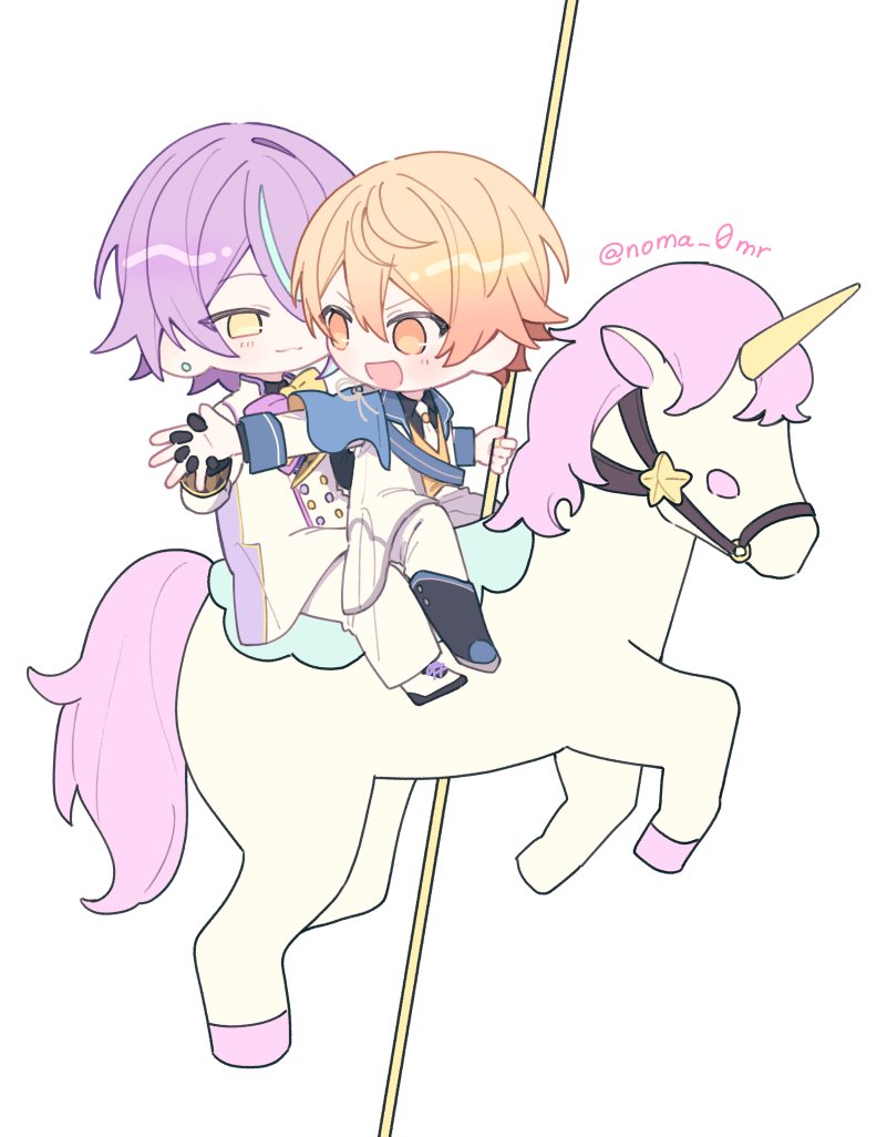 :3, :d, black_gloves, chibi, chibi_only, closed_mouth, detached_carousel_horse, gloves