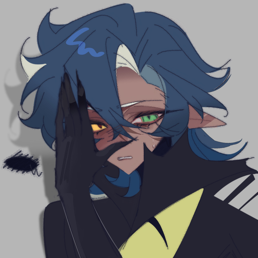 1other, abyss_monarch_cookie, bags_under_eyes, black_shirt, blank_speech_bubble, blue_hair, claws, clenched_teeth