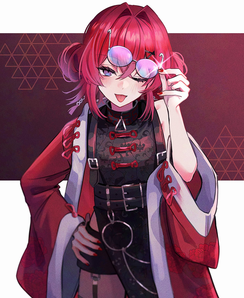 1girl, ange_katrina, ange_katrina_(china_dress), belt, black_belt, black_dress, black_shorts, blush
