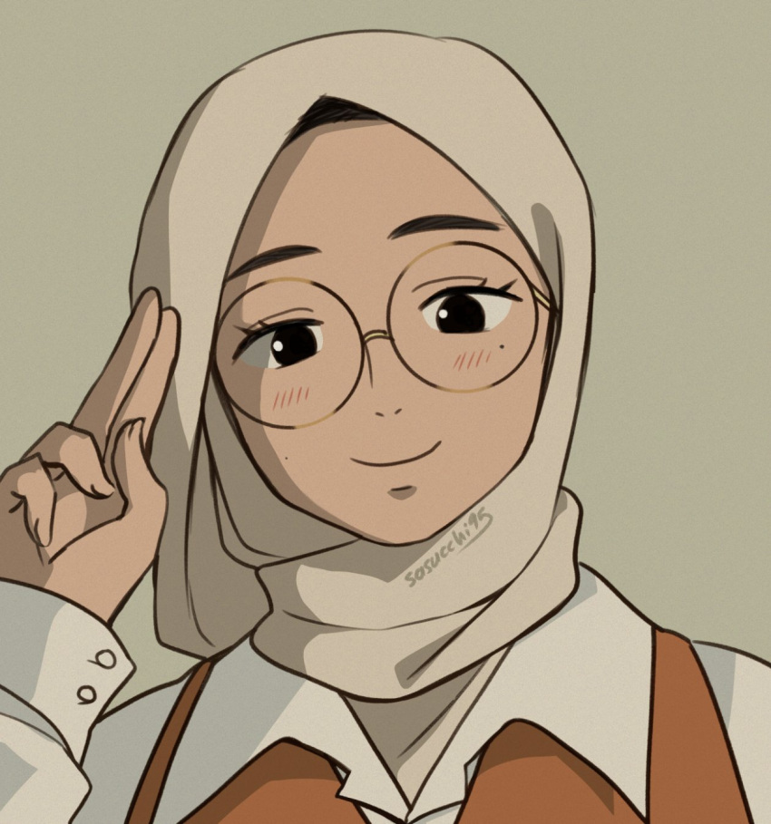 1girl, artist_name, black-framed_eyewear, black_eyes, closed_mouth, collared_shirt, commentary, english_commentary