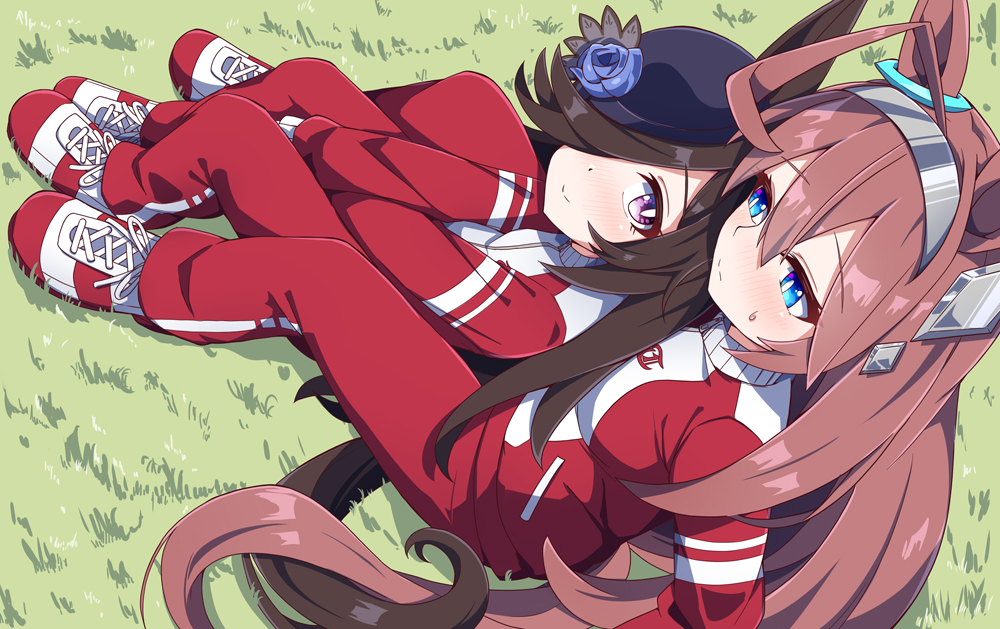 2girls, ahoge, animal_ears, blue_eyes, blue_flower, blue_rose, blush, breasts