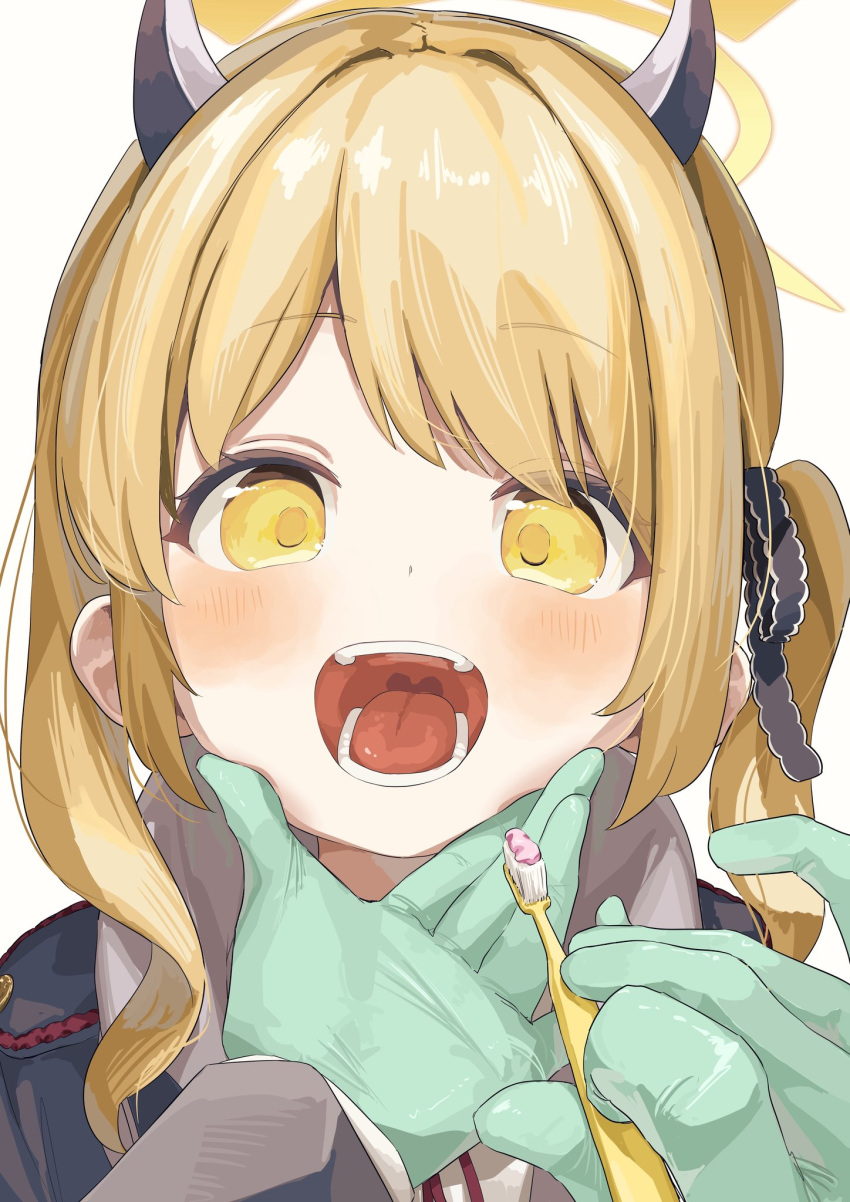 1girl, black_horns, blonde_hair, blue_archive, gloves, halo, highres, horns