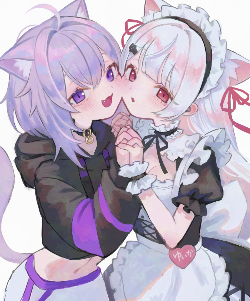 2girls, absurdres, ahoge, animal_ear_fluff, animal_ears, apron, black_collar, black_hoodie, blunt_bangs, blush, breasts, cat_ears, cat_girl, cat_tail, cheek-to-cheek, cheek_press, choker, collar, corset, cropped_hoodie, cross-laced_clothes, cross-laced_corset, enmaided, fang, frilled_apron, frills, hair_between_eyes, hair_ornament, hashtag-only_commentary, heads_together, heart, highres, holding_hands, hololive, hood, hoodie, interlocked_fingers, long_hair, looking_at_viewer, maid, maid_apron, maid_headdress, medium_hair, multiple_girls, navel, nekomata_okayu, nekomata_okayu_(1st_costume), nelta_rene, nijisanji, o-ring, o-ring_choker, open_mouth, purple_hair, purple_tail, red_eyes, shiina_yuika, shiina_yuika_(5th_costume), smile, stomach, tail, violet_eyes, virtual_youtuber, white_hair, wrist_cuffs