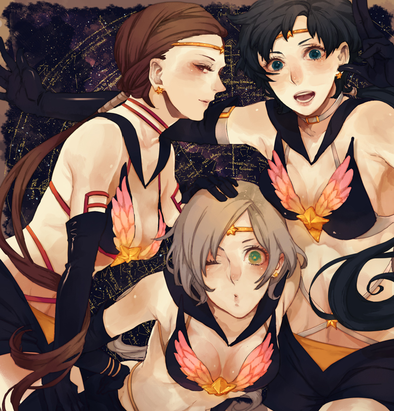 :o, bishoujo_senshi_sailor_moon, black_hair, blue_eyes, blush, breasts, brown_hair, earrings