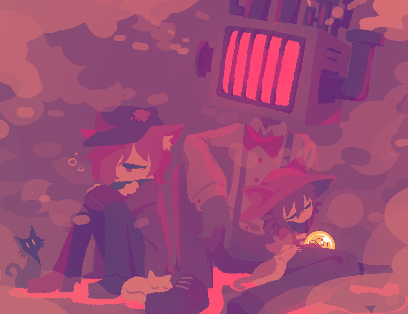1boy, 2others, 8osakana_san8, ambiguous_gender, animal_ears, black_cat, cat, character_request
