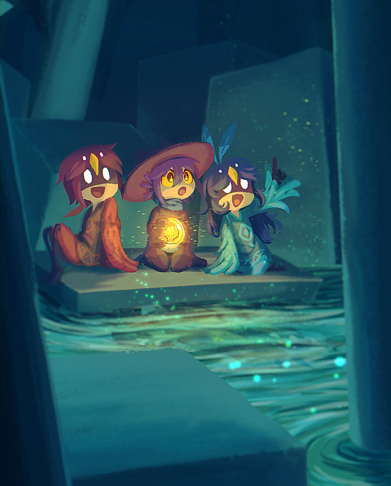 1boy, 1girl, 1other, 8osakana_san8, :o, alula_(oneshot), ambiguous_gender, animal_ears