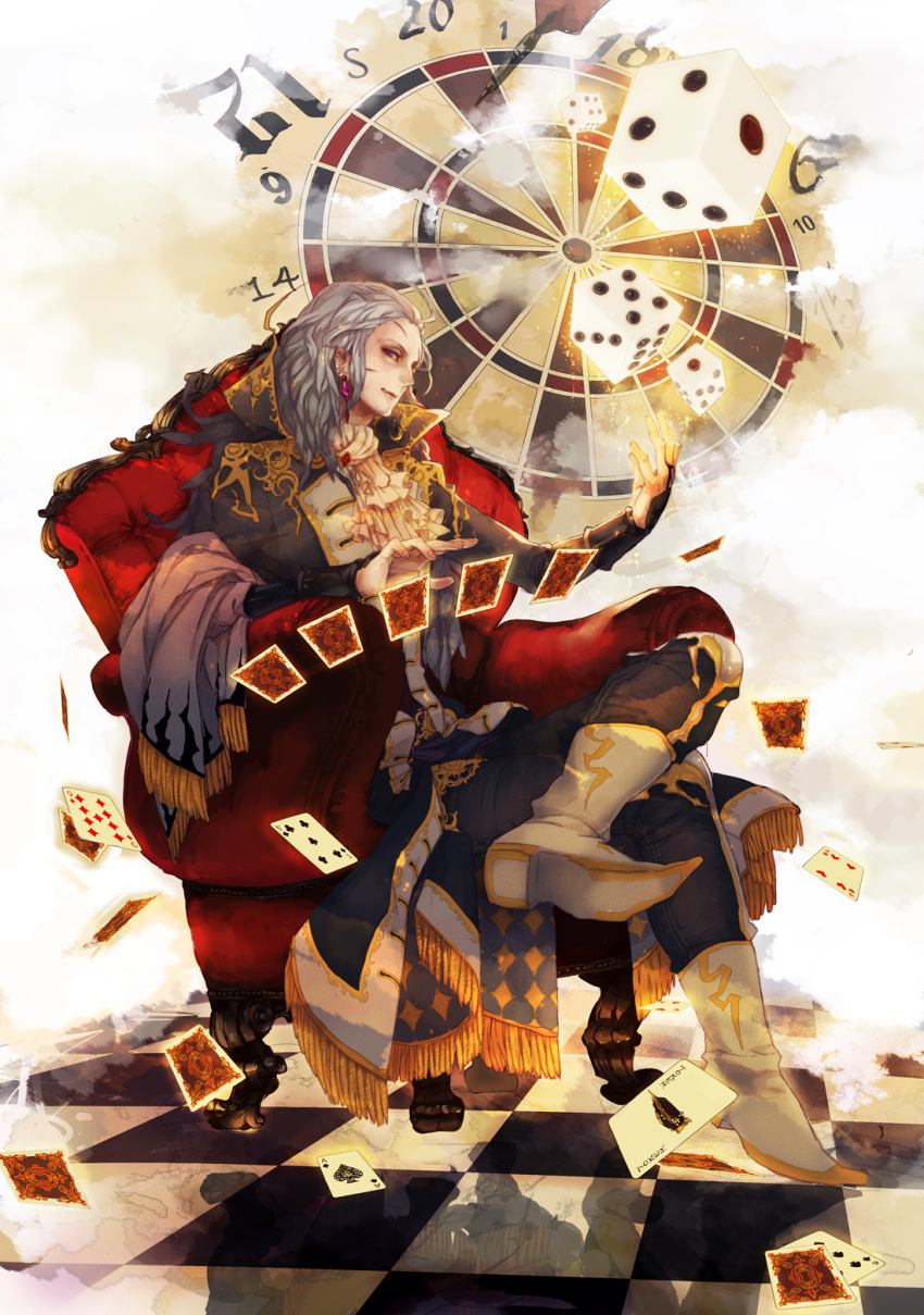 boots, card, cards, checkered, checkered_floor, cravat, dart, dartboard