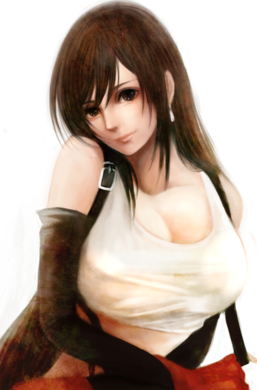 brown_eyes, brown_hair, bust, cleavage, collarbone, earrings, elbow_gloves, female, final_fantasy, final_fantasy_vii, fingerless_gloves, gloves, haruhito1211, head_tilt, highres, hrht, jewelry, large_breasts, lips, long_hair, simple_background, smile, solo, suspenders, tank_top, tanktop, tifa_lockhart