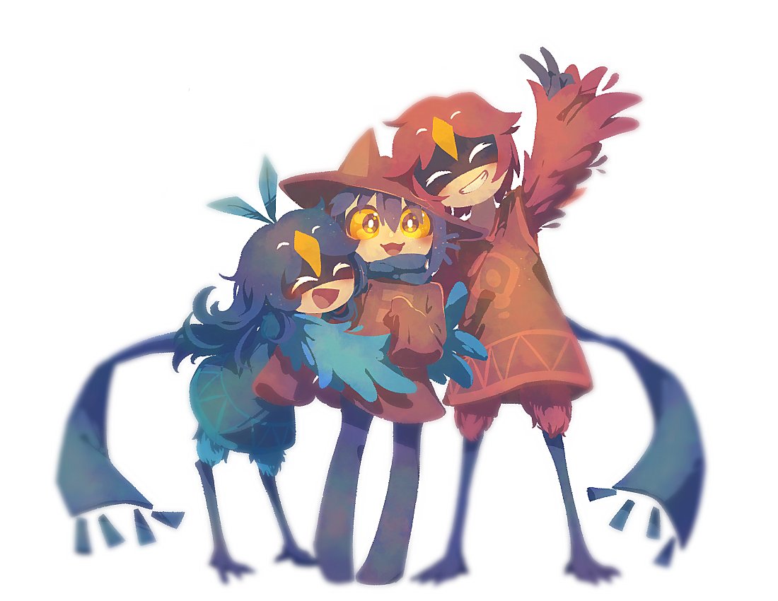 1boy, 1girl, 1other, 8osakana_san8, :d, alula_(oneshot), ambiguous_gender, animal_ears