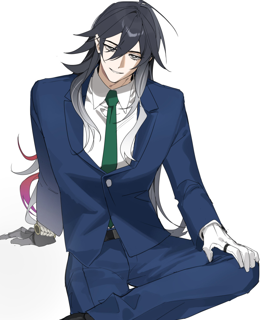 1boy, absurdres, ahoge, alternate_costume, ashveil_(honkai:_star_rail), black_hair, bracelet, collared_shirt, commentary_request, gloves, gradient_hair, grey_eyes, hair_between_eyes, hand_on_own_knee, highres, honkai:_star_rail, honkai_(series), jewelry, korean_commentary, laebim_c, long_hair, male_focus, multicolored_hair, necktie, pants, ring, shirt, single_glove, sitting, smile, suit, white_background