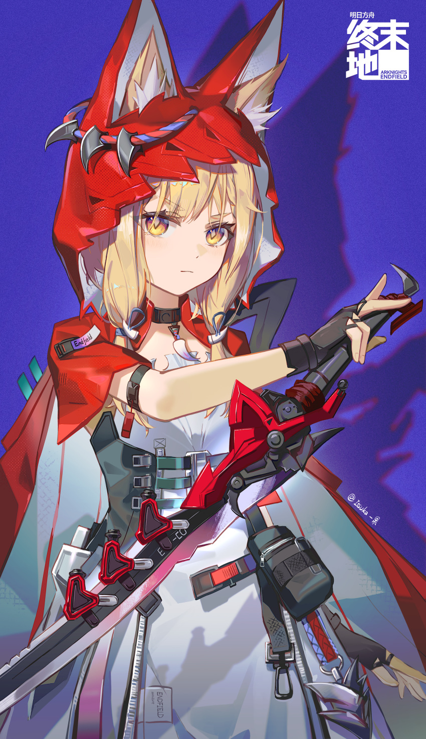 1girl, absurdres, animal_ears, arknights, arknights:_endfield, black_gloves, blonde_hair, breasts, cape, choker, cloak, closed_mouth, cowboy_shot, diamond-shaped_pupils, diamond_(shape), dress, ears_through_headwear, fingerless_gloves, fox_ears, gloves, highres, holding, holding_sword, holding_weapon, hood, hood_up, itsuka_yiguo, looking_at_viewer, pouch, red_cape, rossi_(arknights), solo, sword, symbol-shaped_pupils, weapon, white_dress, wolf_ears, yellow_eyes