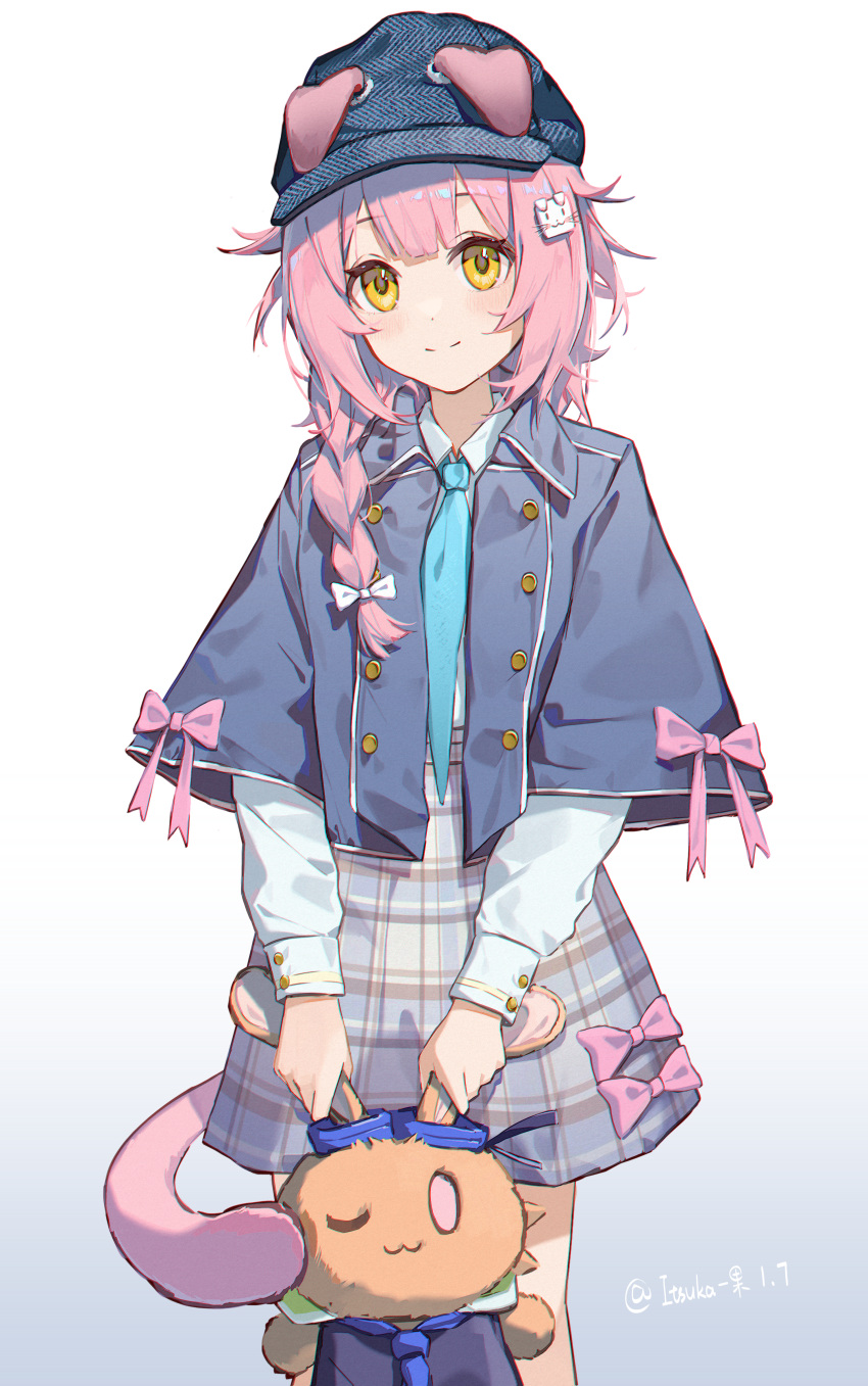 1girl, absurdres, alternate_costume, animal_ears, arknights, blue_bow, blue_jacket, blue_necktie, blush, bow, braid, capelet, cat_ears, cat_girl, cat_tail, closed_mouth, collared_shirt, ears_through_headwear, goldenglow_(arknights), gradient_background, grey_skirt, hair_bow, hair_ornament, hair_over_shoulder, hairclip, hat, highres, holding, holding_stuffed_toy, itsuka_yiguo, jacket, long_hair, long_sleeves, looking_at_viewer, necktie, one_eye_closed, pink_bow, pink_hair, plaid_clothes, plaid_skirt, pleated_skirt, rabbit, shirt, simple_background, single_braid, skirt, smile, solo, stuffed_animal, stuffed_toy, tail, twitter_username, white_background, white_shirt, yellow_eyes