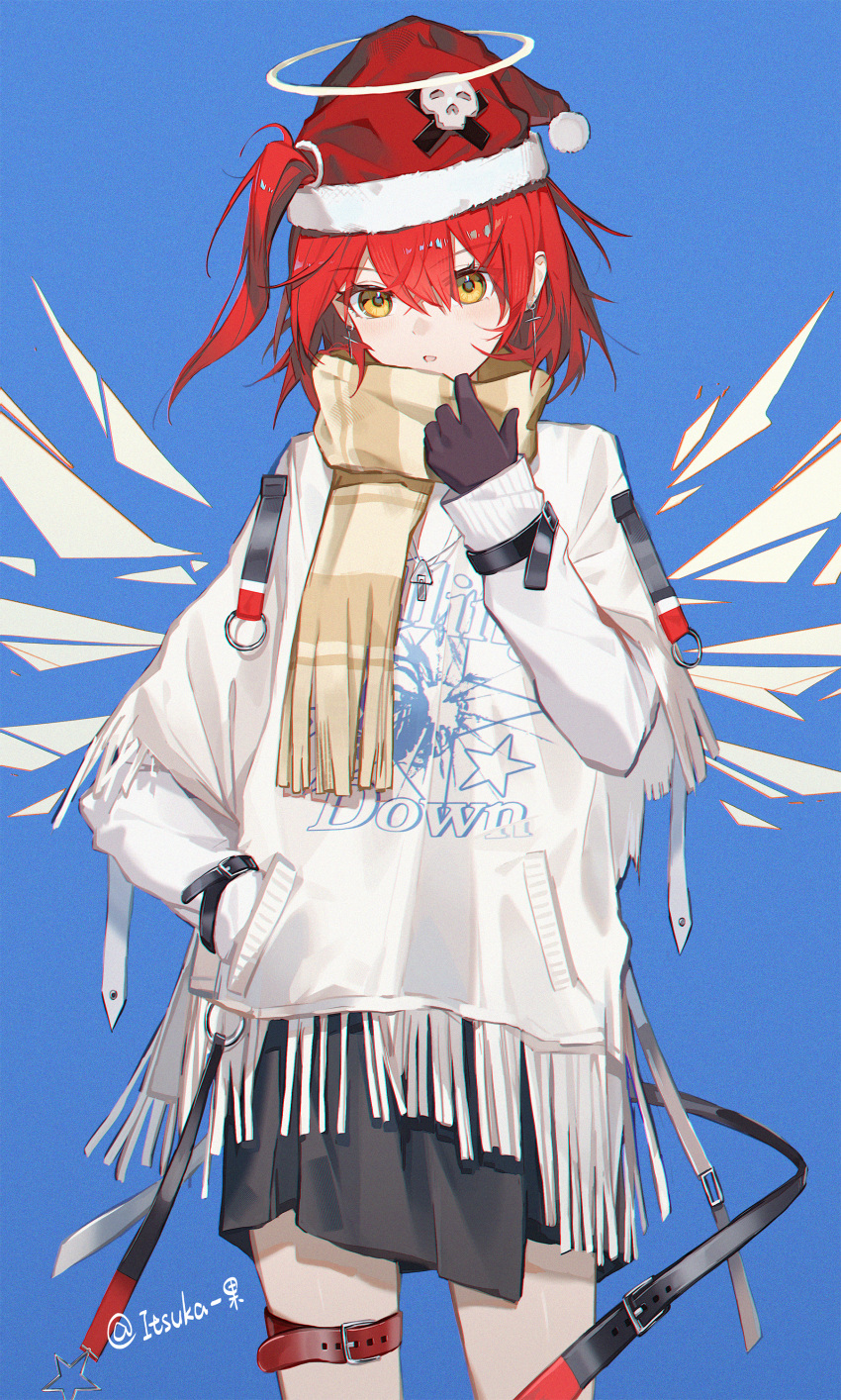 1girl, absurdres, alternate_costume, arknights, artist_name, black_gloves, black_skirt, blue_background