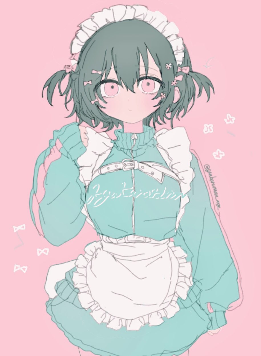 1girl, apron, aqua_jacket, belt, black_hair, bow, breasts, closed_mouth