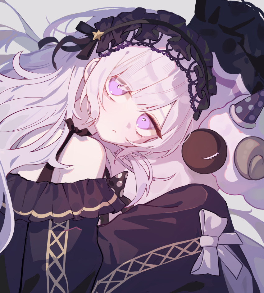 1girl, absurdres, bare_shoulders, black_dress, black_hairband, closed_mouth, commentary, dress