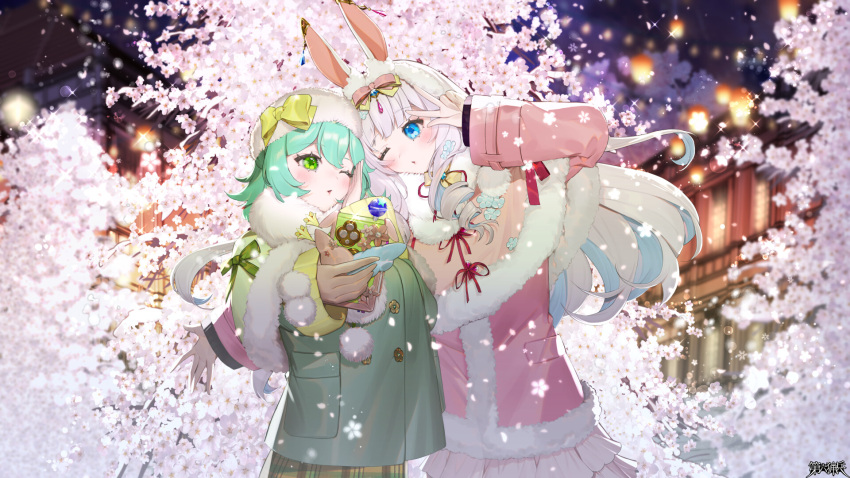 2girls, animal_ears, blue_eyes, blurry, blurry_background, bow, brown_gloves, cherry_blossoms