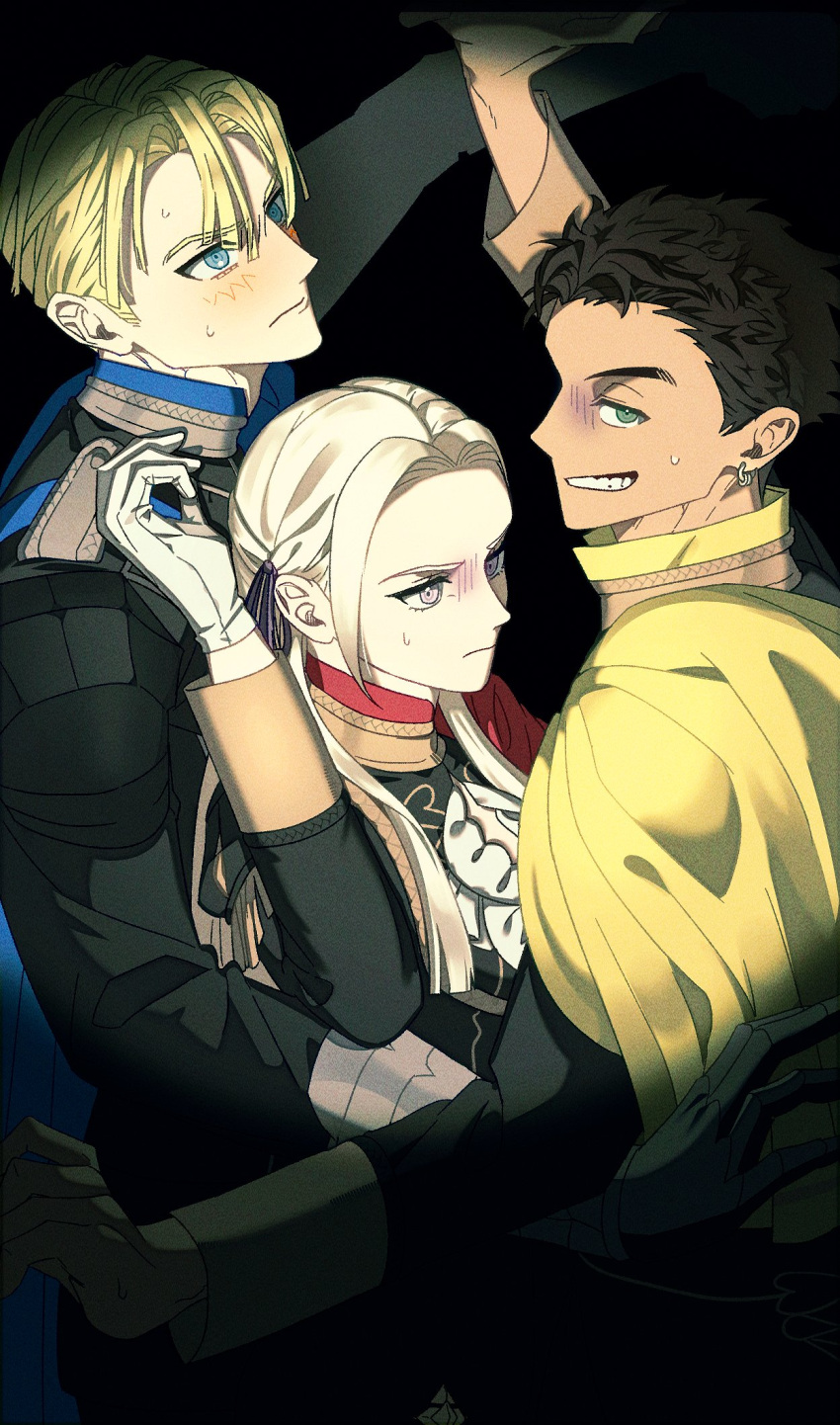 1girl, 2boys, angry, annoyed, black_background, blonde_hair, blue_capelet, blue_eyes, brown_hair, capelet, claude_von_riegan, clenched_teeth, closed_mouth, commentary_request, couple, dimitri_alexandre_blaiddyd, ear_piercing, edelgard_von_hresvelg, fire_emblem, fire_emblem:_three_houses, from_side, garreg_mach_monastery_uniform, gloves, green_eyes, hair_between_eyes, hair_ribbon, hair_slicked_back, height_difference, hetero, highres, korean_commentary, leaning_back, leaning_forward, light_blush, long_hair, long_sleeves, looking_at_viewer, looking_to_the_side, multiple_boys, nervous_sweating, nig3rundayo, parted_bangs, piercing, purple_ribbon, red_capelet, ribbon, spotlight, sweat, sweatdrop, tan, teeth, white_gloves, yellow_capelet