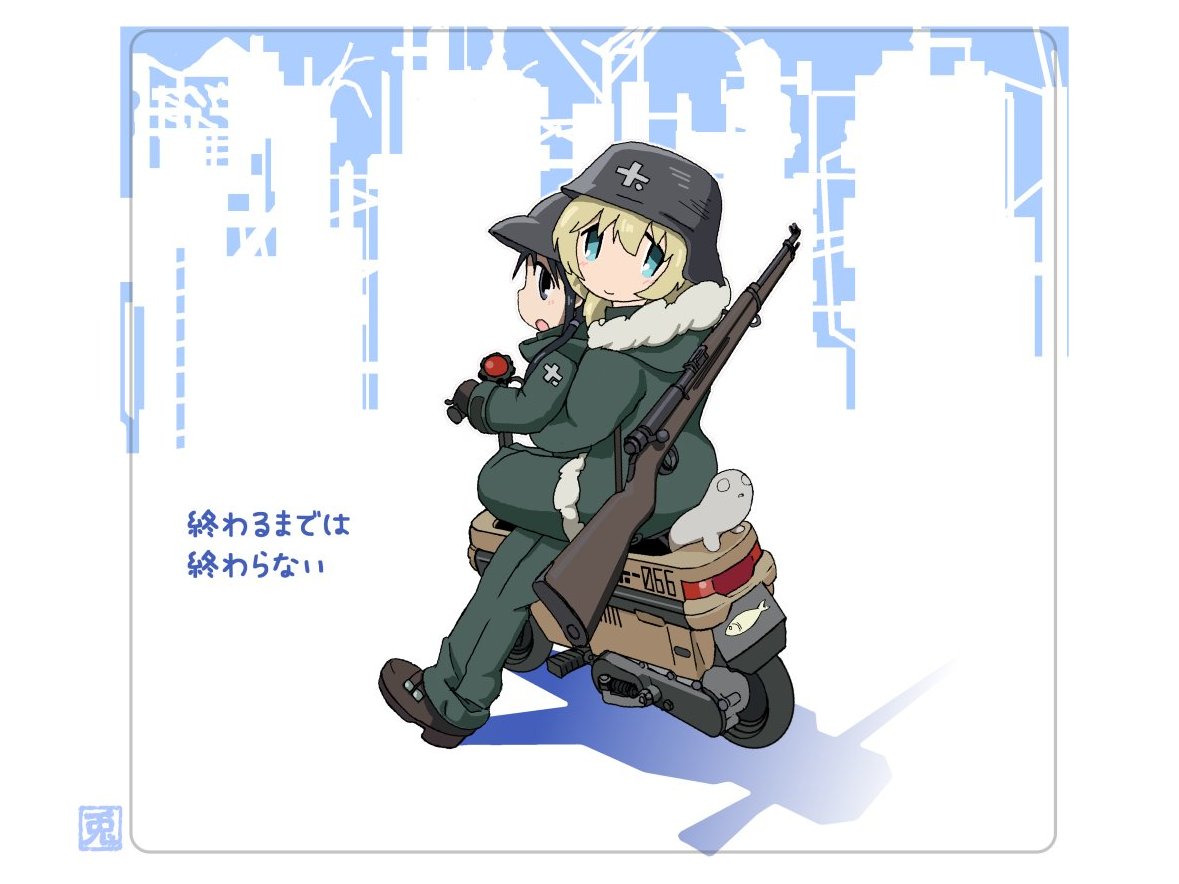 black_eyes, brodie_helmet, chito_(shoujo_shuumatsu_ryokou), chito_(shoujo_shuumatsu_ryokou)_(cosplay), combat_helmet, cosplay, fur_trim, grahoo